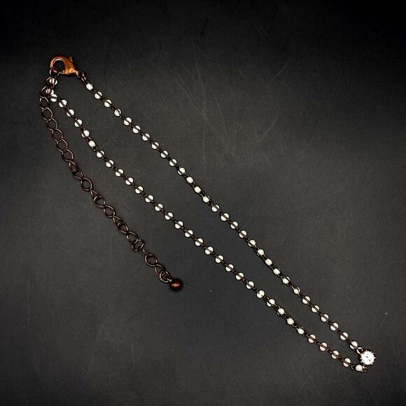 Dainty CZ Milk Glass Choker Pendant Necklace Antique Gold Tone Wire Wrapped - Picture 4 of 5